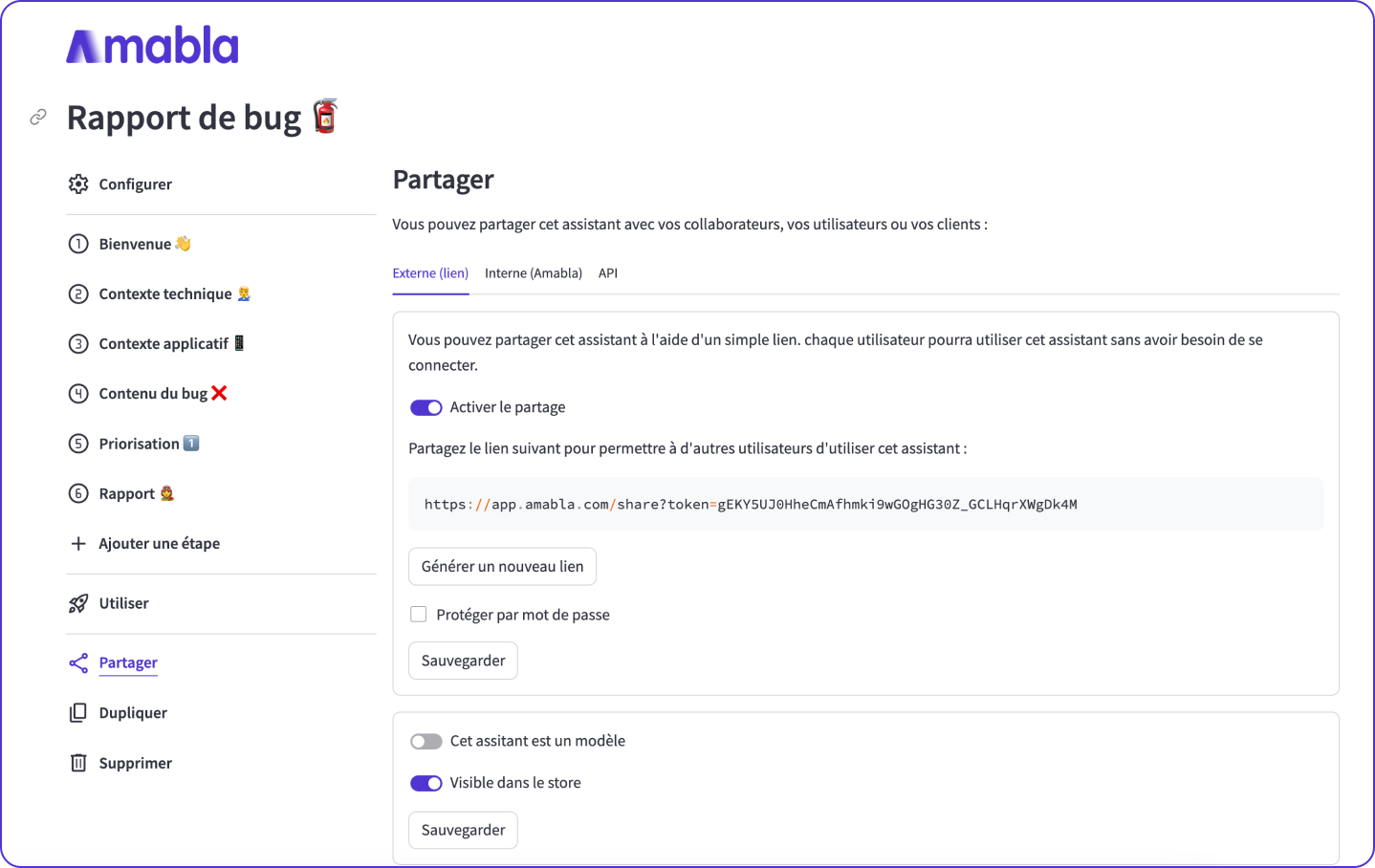 Capture d'écran de la page de partage d'un assistant