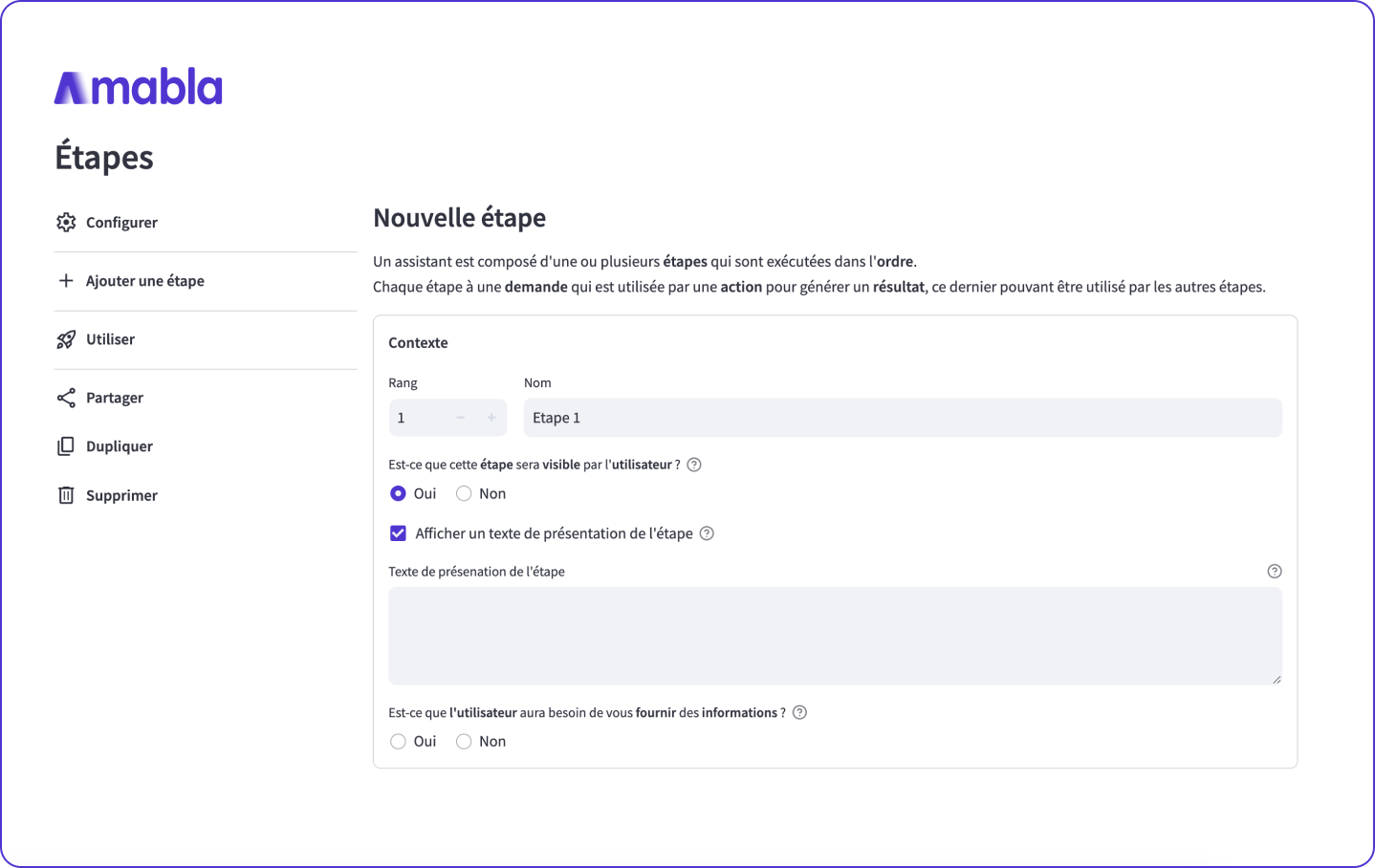 Capture d'écran de la page de création d'une étape pour un assistant